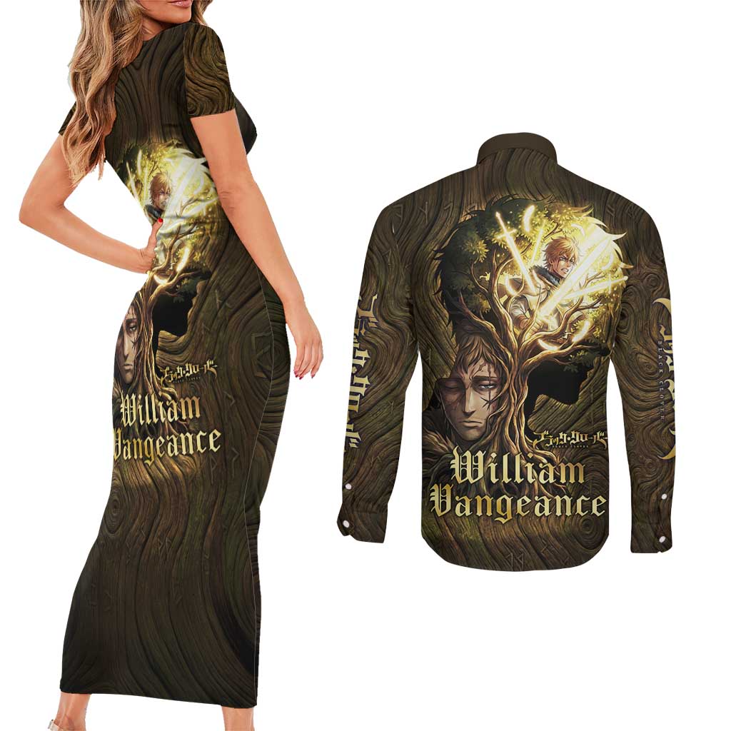 William Vangeance Black Clover Couples Matching Short Sleeve Bodycon Dress and Long Sleeve Button Shirt Enchanted Woodgrain Style with Duality and Golden Mask Motif