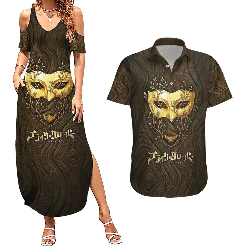William Vangeance Black Clover Couples Matching Summer Maxi Dress and Hawaiian Shirt Enchanted Woodgrain Style with Duality and Golden Mask Motif