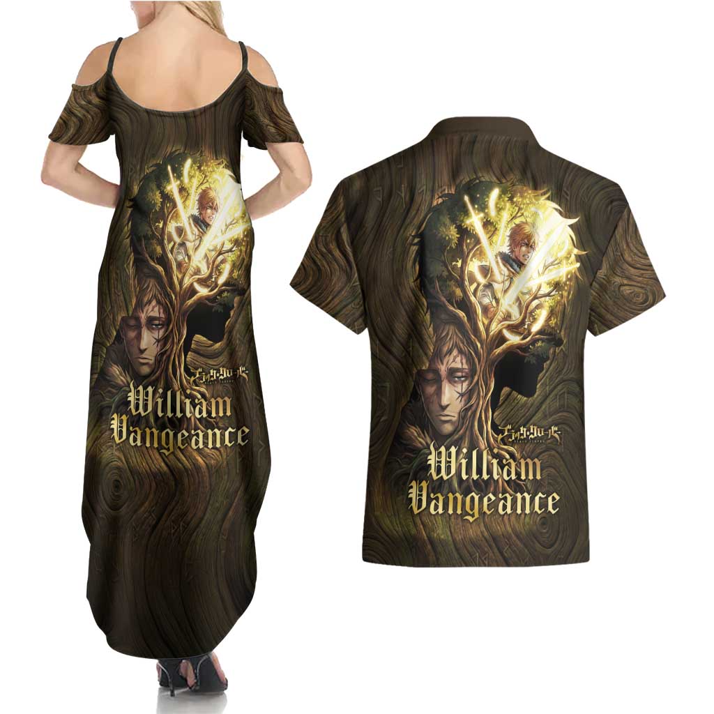 William Vangeance Black Clover Couples Matching Summer Maxi Dress and Hawaiian Shirt Enchanted Woodgrain Style with Duality and Golden Mask Motif