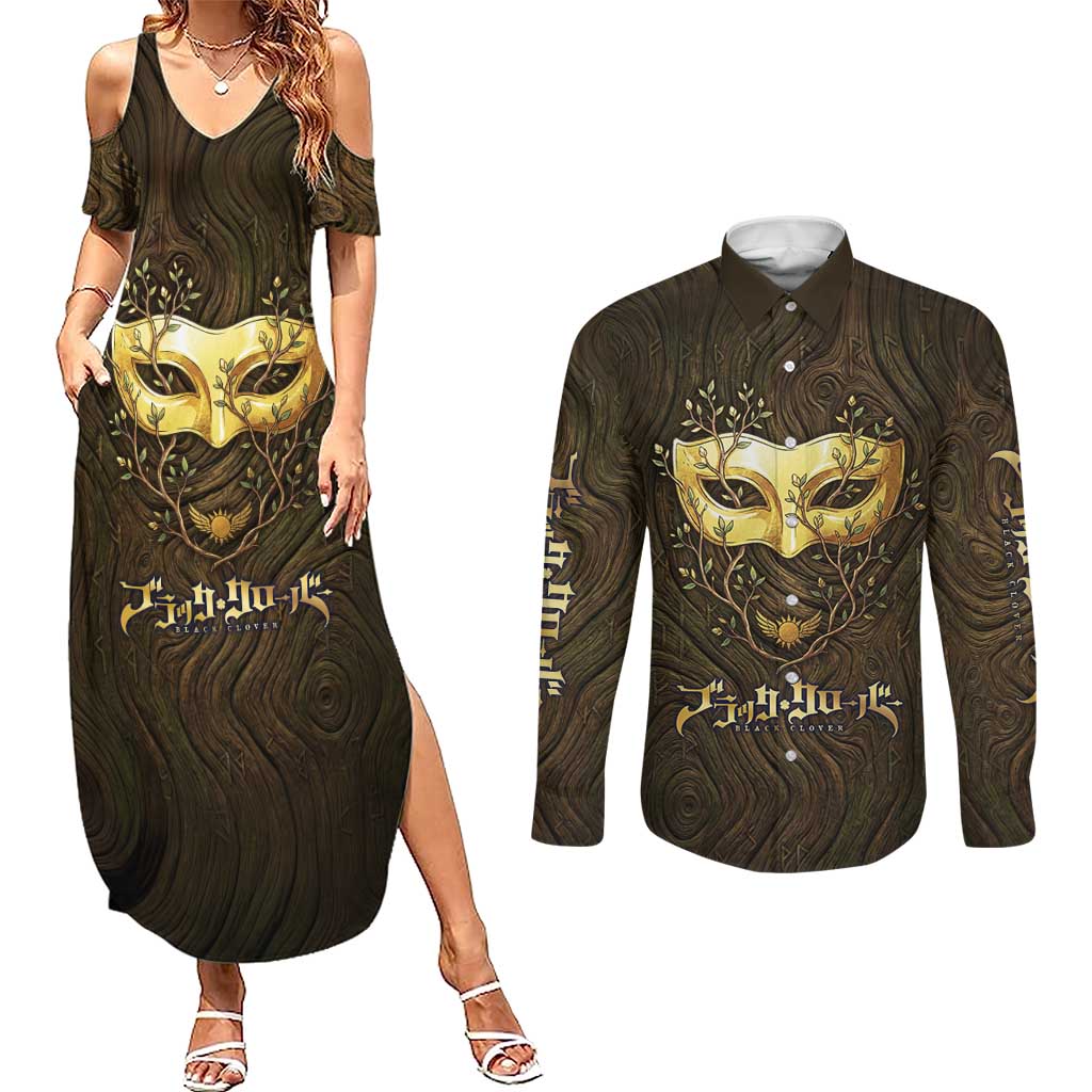 William Vangeance Black Clover Couples Matching Summer Maxi Dress and Long Sleeve Button Shirt Enchanted Woodgrain Style with Duality and Golden Mask Motif