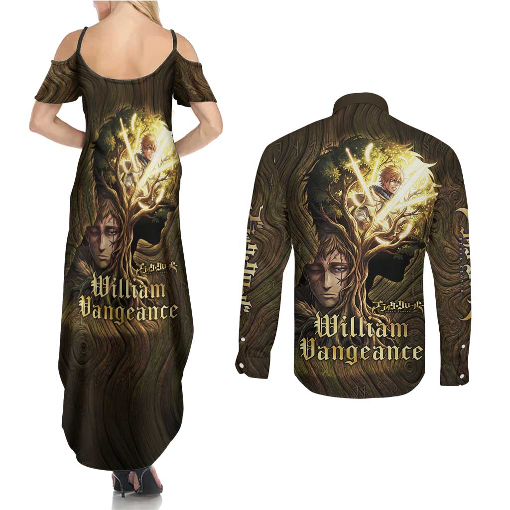 William Vangeance Black Clover Couples Matching Summer Maxi Dress and Long Sleeve Button Shirt Enchanted Woodgrain Style with Duality and Golden Mask Motif