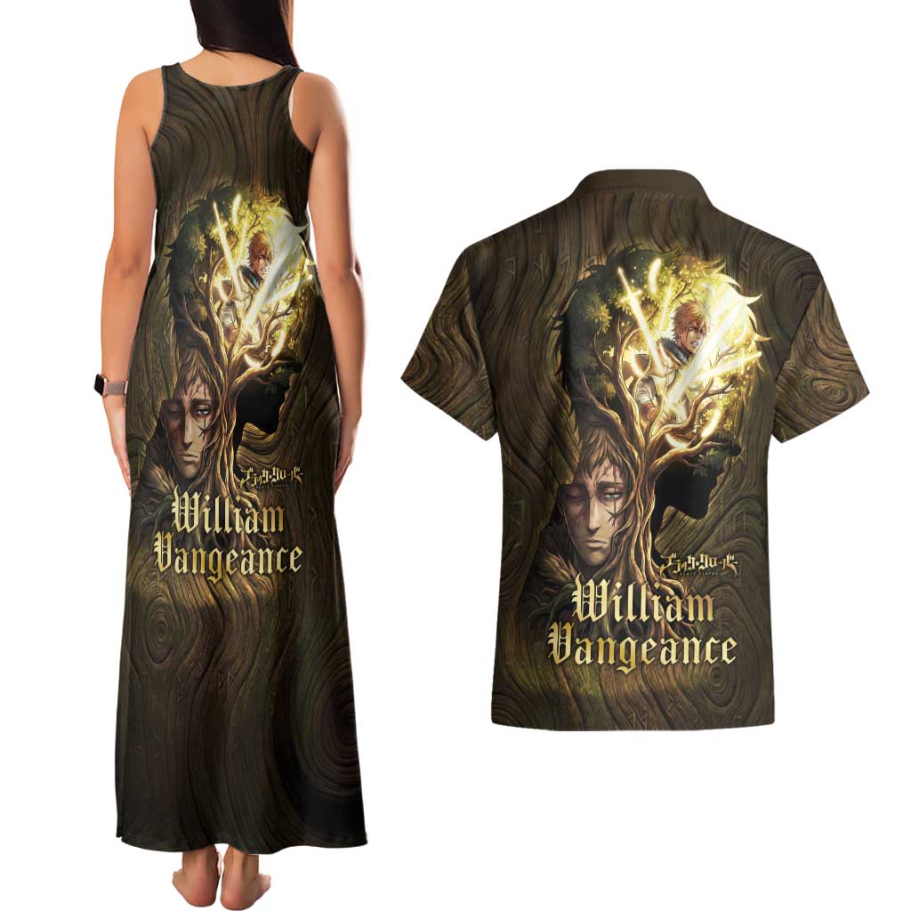 William Vangeance Black Clover Couples Matching Tank Maxi Dress and Hawaiian Shirt Enchanted Woodgrain Style with Duality and Golden Mask Motif