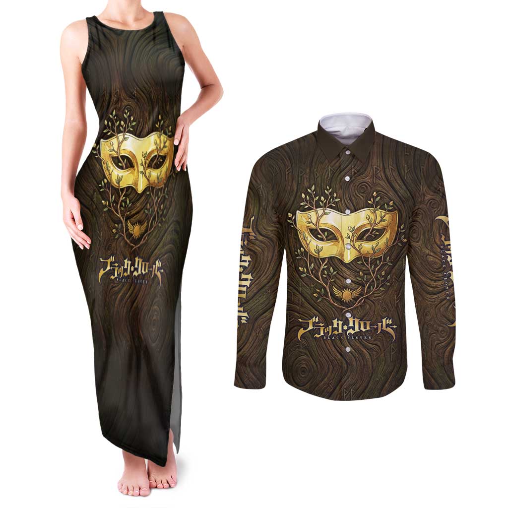 William Vangeance Black Clover Couples Matching Tank Maxi Dress and Long Sleeve Button Shirt Enchanted Woodgrain Style with Duality and Golden Mask Motif