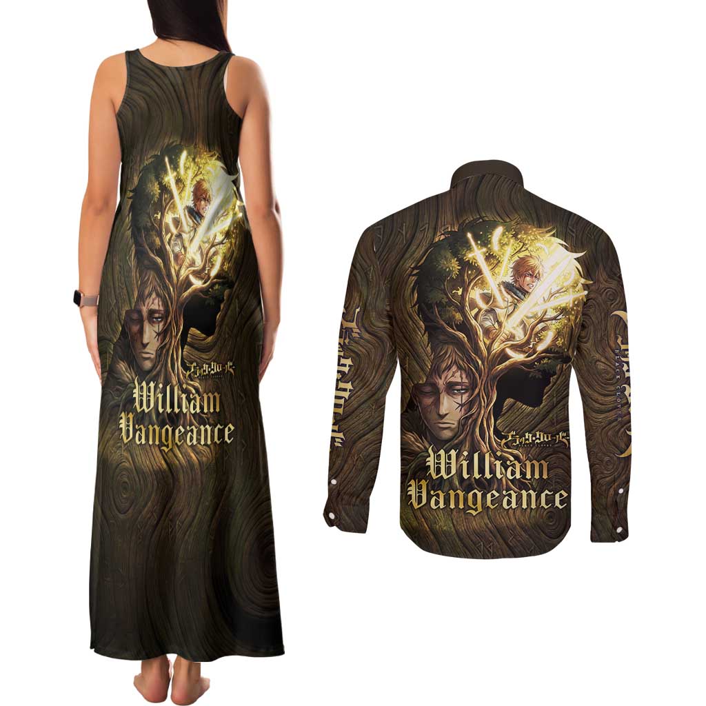 William Vangeance Black Clover Couples Matching Tank Maxi Dress and Long Sleeve Button Shirt Enchanted Woodgrain Style with Duality and Golden Mask Motif