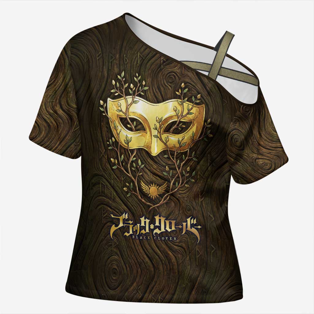 William Vangeance Black Clover Cross Shoulder Shirt Enchanted Woodgrain Style with Duality and Golden Mask Motif
