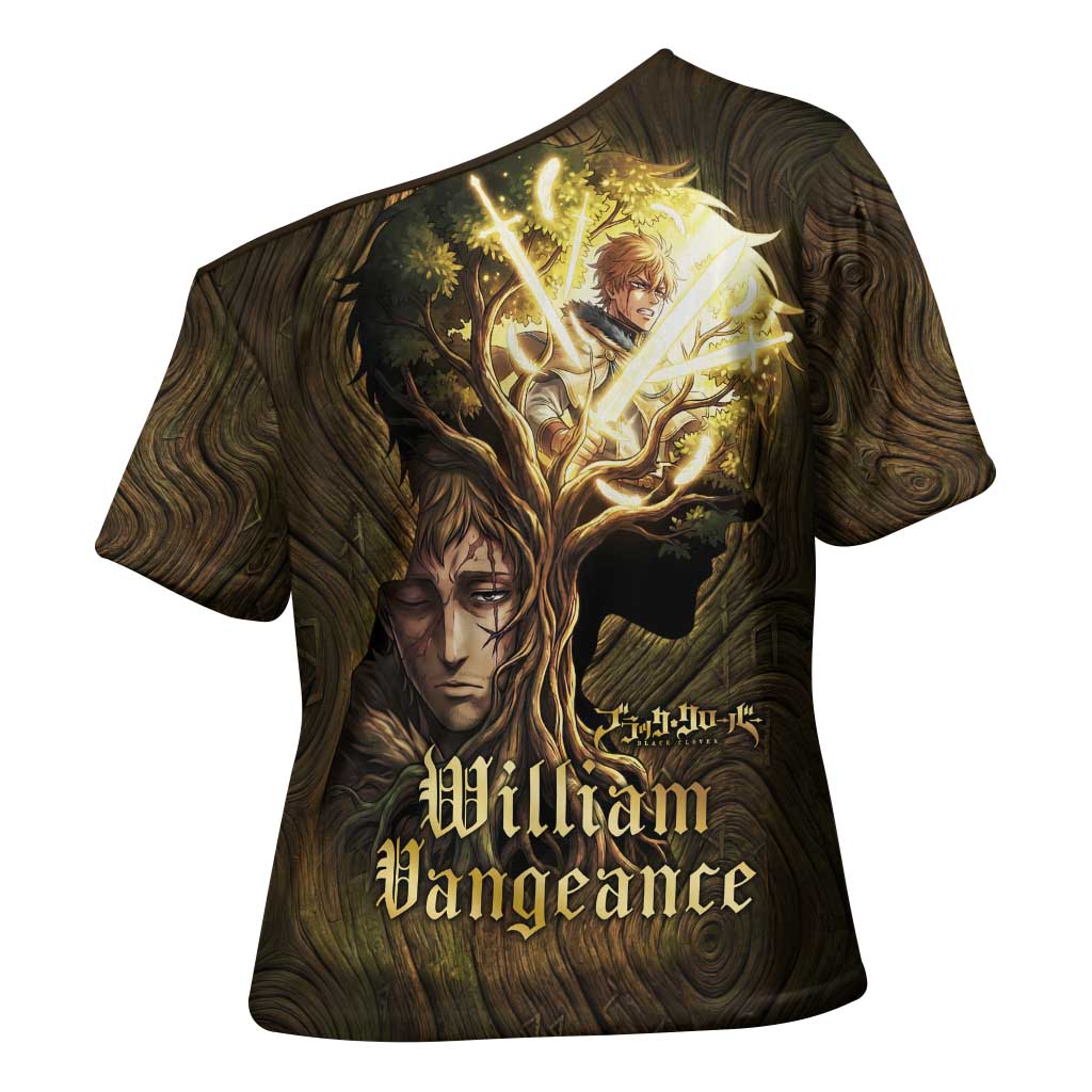 William Vangeance Black Clover Cross Shoulder Shirt Enchanted Woodgrain Style with Duality and Golden Mask Motif