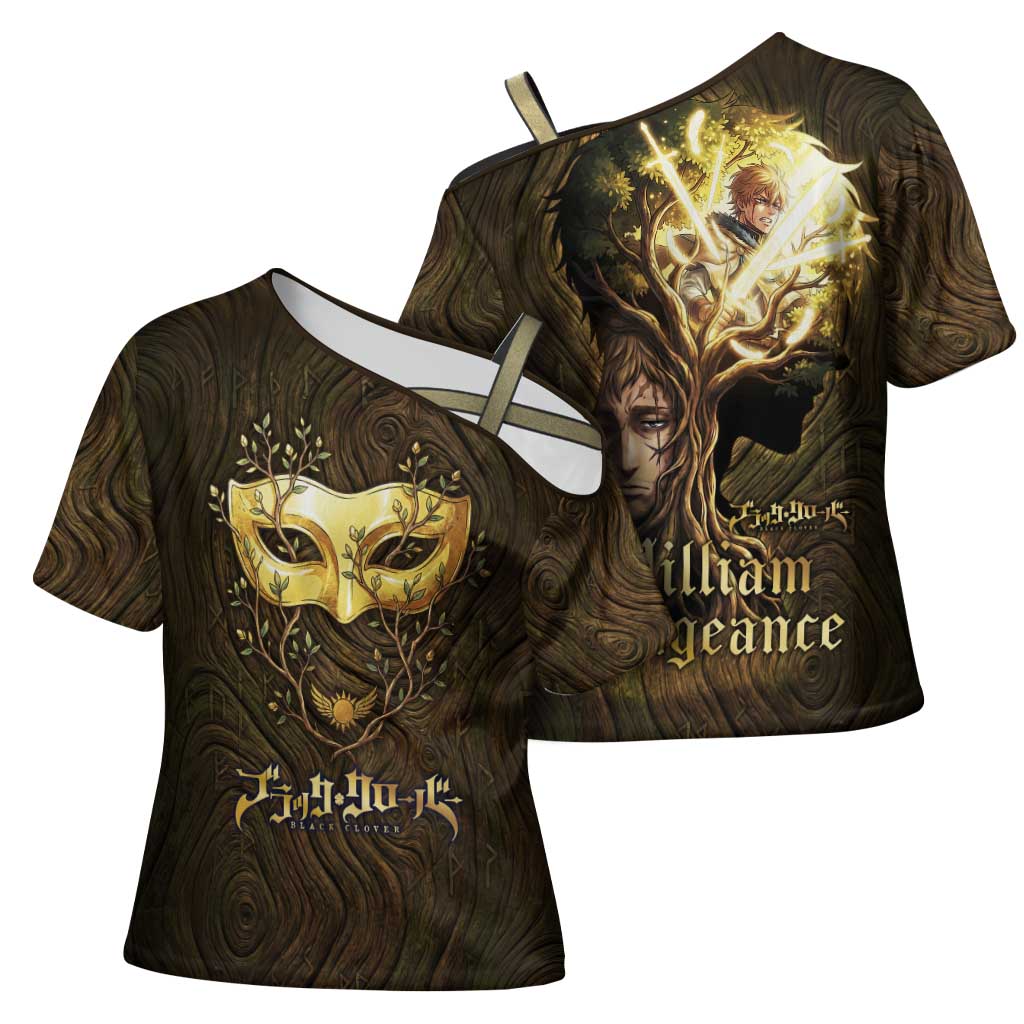 William Vangeance Black Clover Cross Shoulder Shirt Enchanted Woodgrain Style with Duality and Golden Mask Motif