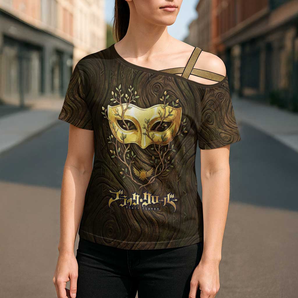 William Vangeance Black Clover Cross Shoulder Shirt Enchanted Woodgrain Style with Duality and Golden Mask Motif