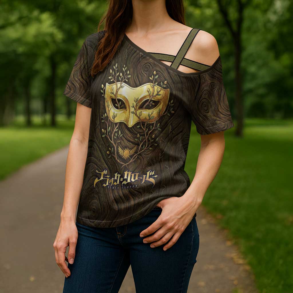William Vangeance Black Clover Cross Shoulder Shirt Enchanted Woodgrain Style with Duality and Golden Mask Motif