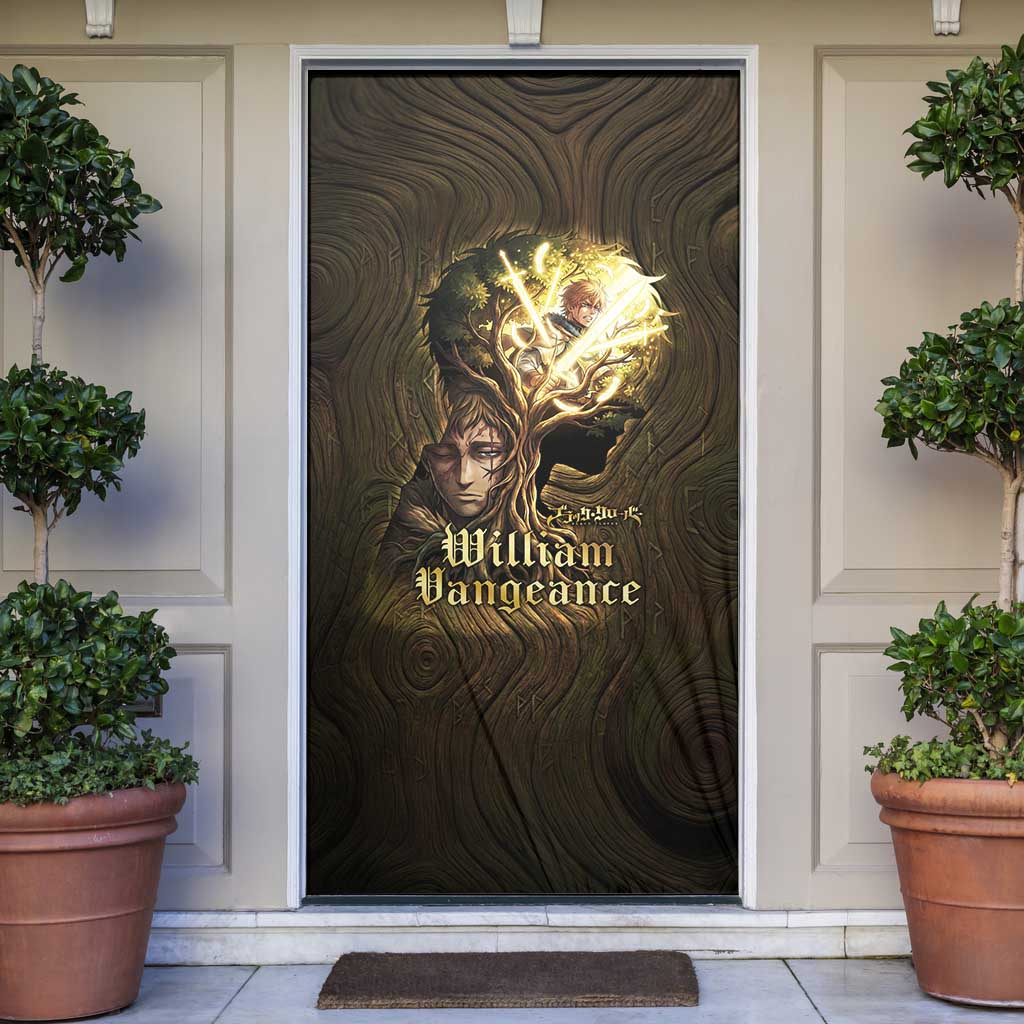 William Vangeance Black Clover Door Cover Enchanted Woodgrain Style with Duality and Golden Mask Motif