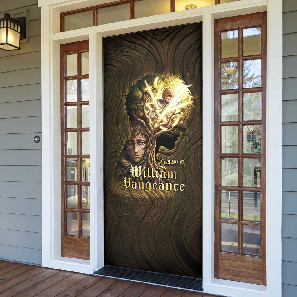 William Vangeance Black Clover Door Cover Enchanted Woodgrain Style with Duality and Golden Mask Motif