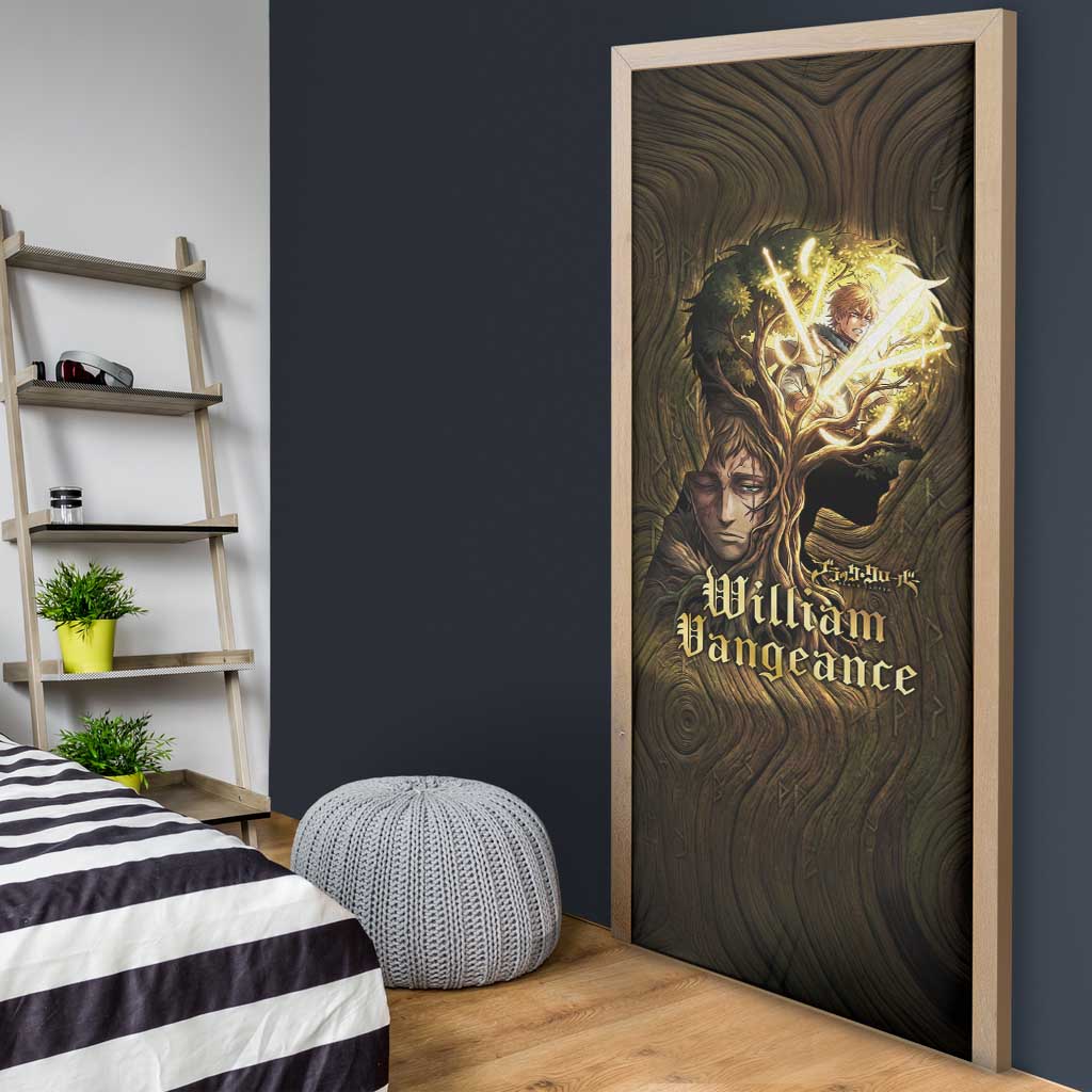 William Vangeance Black Clover Door Cover Enchanted Woodgrain Style with Duality and Golden Mask Motif