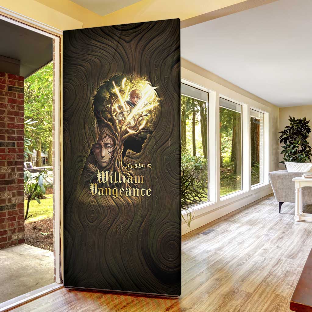William Vangeance Black Clover Door Cover Enchanted Woodgrain Style with Duality and Golden Mask Motif