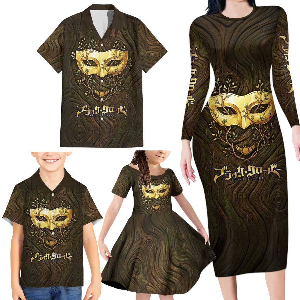 William Vangeance Black Clover Family Matching Long Sleeve Bodycon Dress and Hawaiian Shirt Enchanted Woodgrain Style with Duality and Golden Mask Motif