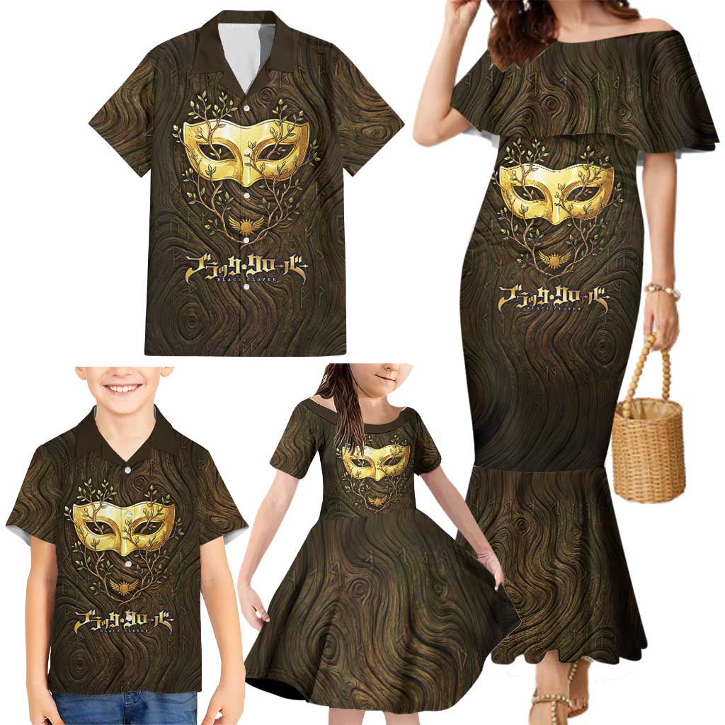 William Vangeance Black Clover Family Matching Mermaid Dress and Hawaiian Shirt Enchanted Woodgrain Style with Duality and Golden Mask Motif