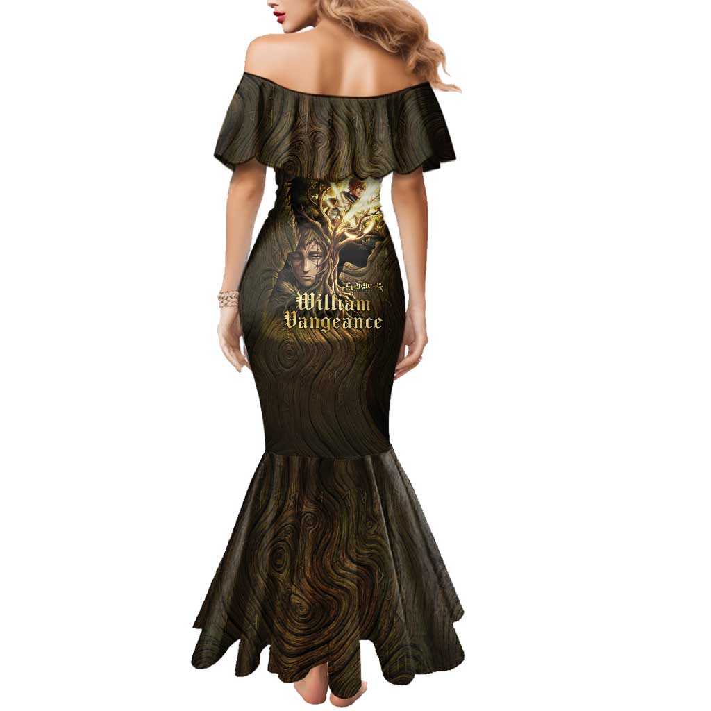 William Vangeance Black Clover Family Matching Mermaid Dress and Hawaiian Shirt Enchanted Woodgrain Style with Duality and Golden Mask Motif