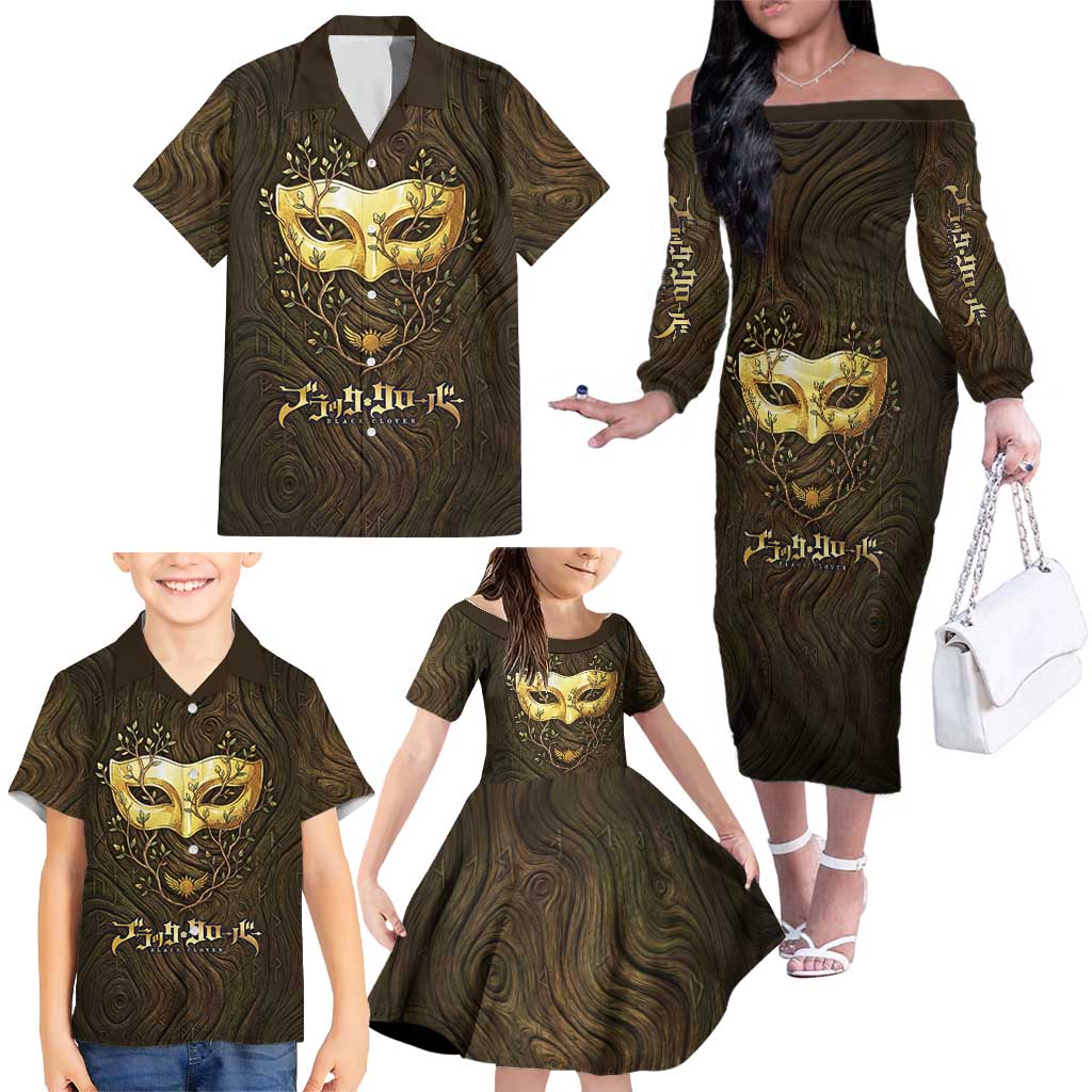 William Vangeance Black Clover Family Matching Off The Shoulder Long Sleeve Dress and Hawaiian Shirt Enchanted Woodgrain Style with Duality and Golden Mask Motif