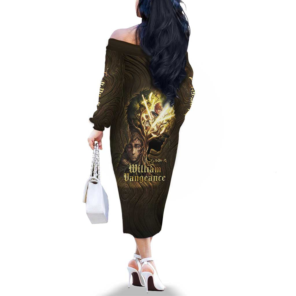 William Vangeance Black Clover Family Matching Off The Shoulder Long Sleeve Dress and Hawaiian Shirt Enchanted Woodgrain Style with Duality and Golden Mask Motif