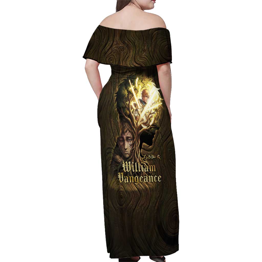 William Vangeance Black Clover Family Matching Off Shoulder Maxi Dress and Hawaiian Shirt Enchanted Woodgrain Style with Duality and Golden Mask Motif