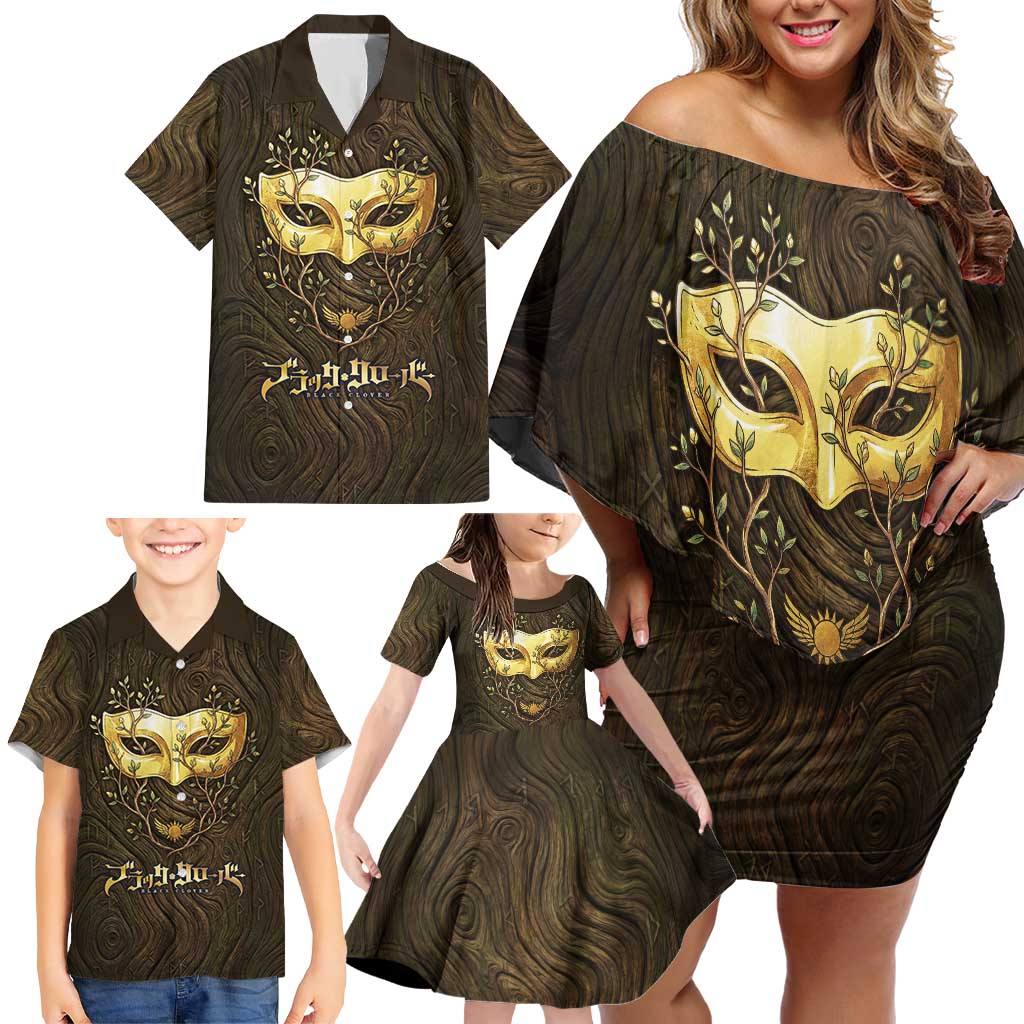 William Vangeance Black Clover Family Matching Off Shoulder Short Dress and Hawaiian Shirt Enchanted Woodgrain Style with Duality and Golden Mask Motif