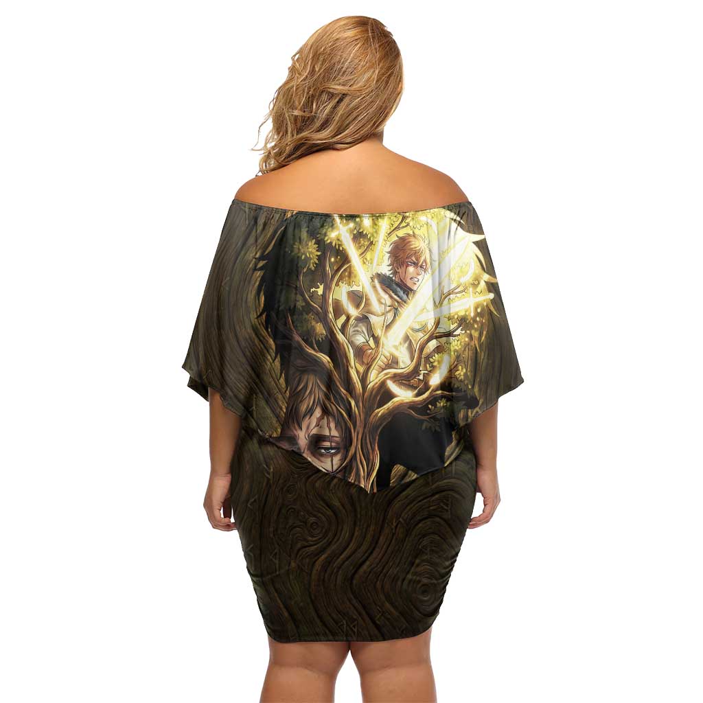William Vangeance Black Clover Family Matching Off Shoulder Short Dress and Hawaiian Shirt Enchanted Woodgrain Style with Duality and Golden Mask Motif