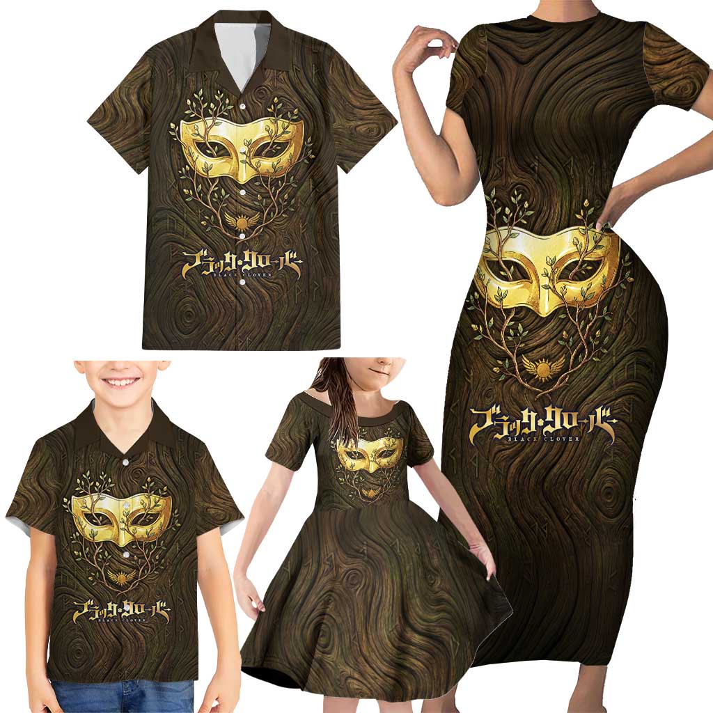 William Vangeance Black Clover Family Matching Short Sleeve Bodycon Dress and Hawaiian Shirt Enchanted Woodgrain Style with Duality and Golden Mask Motif