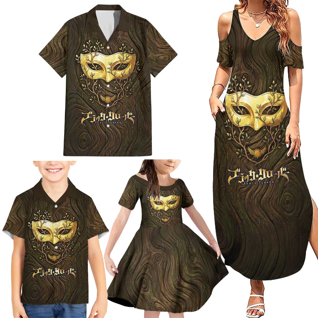 William Vangeance Black Clover Family Matching Summer Maxi Dress and Hawaiian Shirt Enchanted Woodgrain Style with Duality and Golden Mask Motif