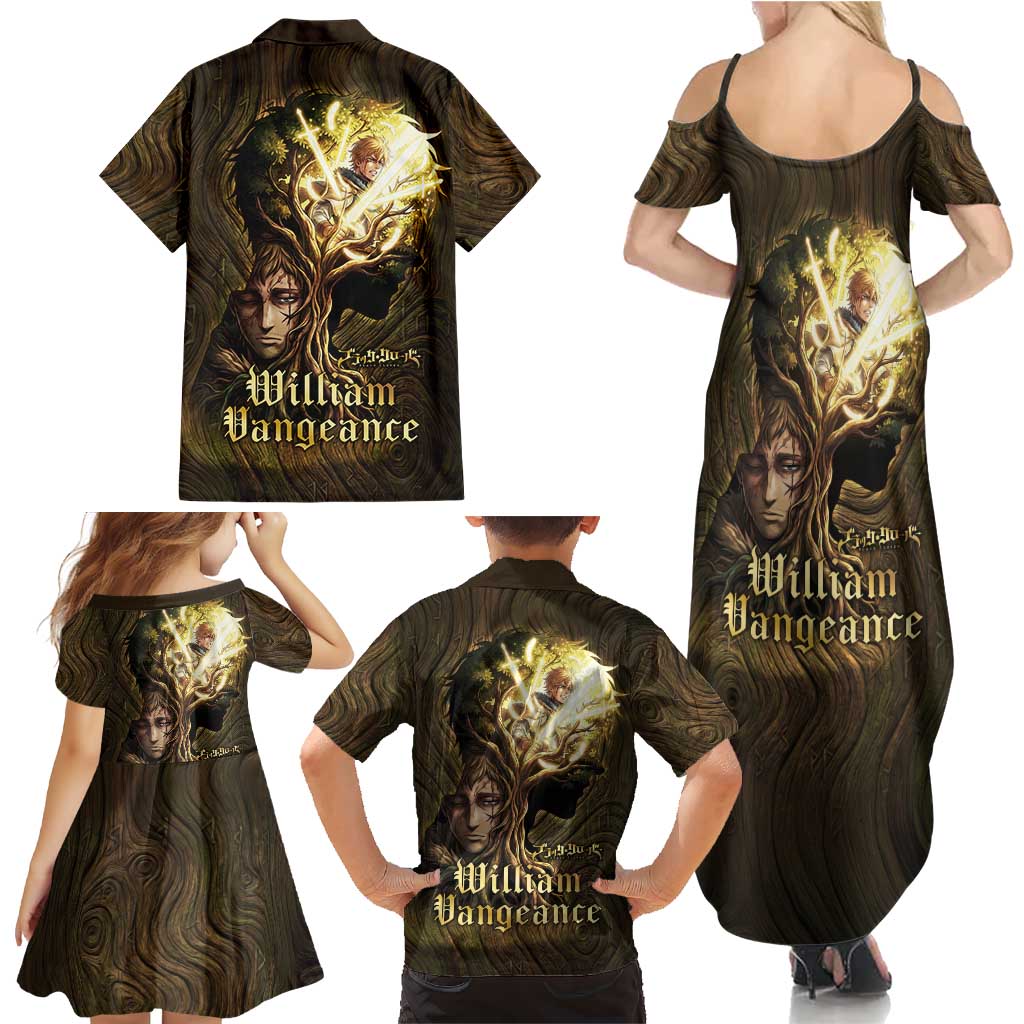 William Vangeance Black Clover Family Matching Summer Maxi Dress and Hawaiian Shirt Enchanted Woodgrain Style with Duality and Golden Mask Motif