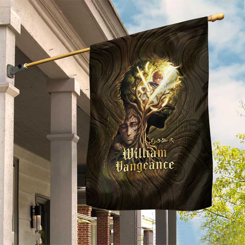 William Vangeance Black Clover Garden Flag Enchanted Woodgrain Style with Duality and Golden Mask Motif