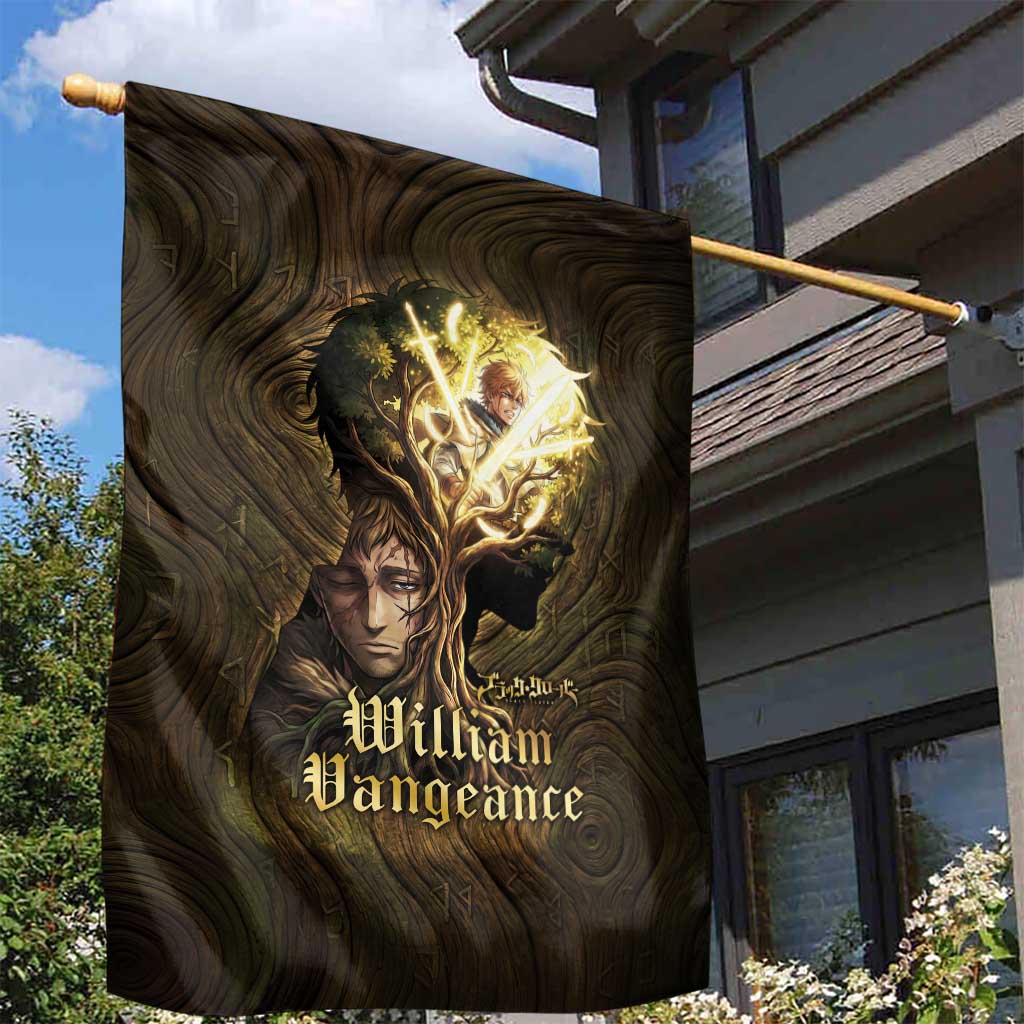 William Vangeance Black Clover Garden Flag Enchanted Woodgrain Style with Duality and Golden Mask Motif