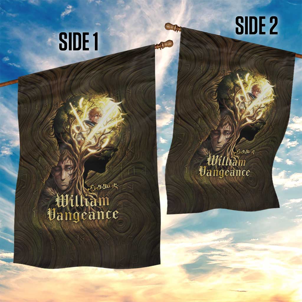 William Vangeance Black Clover Garden Flag Enchanted Woodgrain Style with Duality and Golden Mask Motif