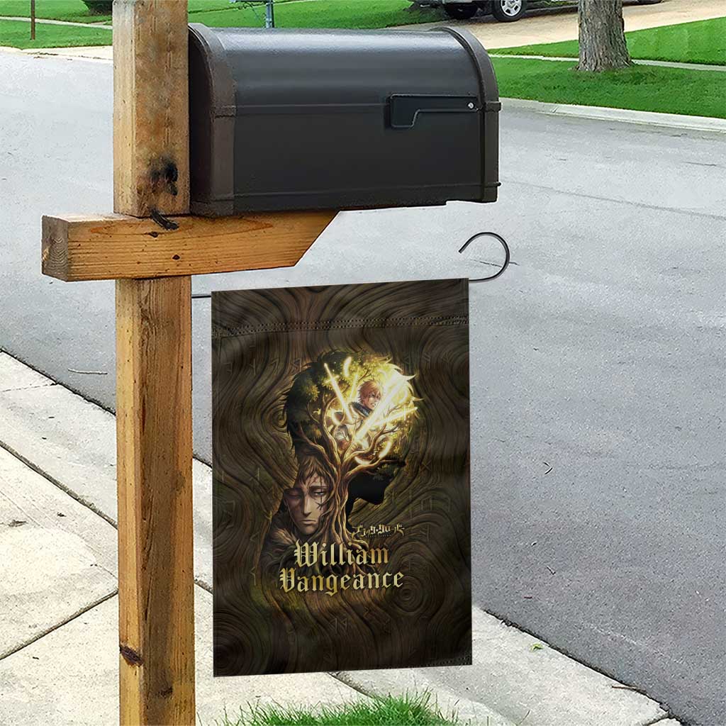 William Vangeance Black Clover Garden Flag Enchanted Woodgrain Style with Duality and Golden Mask Motif