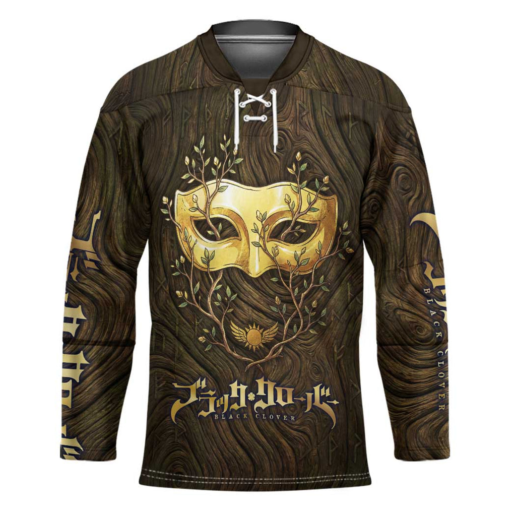 William Vangeance Black Clover Hockey Jersey Enchanted Woodgrain Style with Duality and Golden Mask Motif