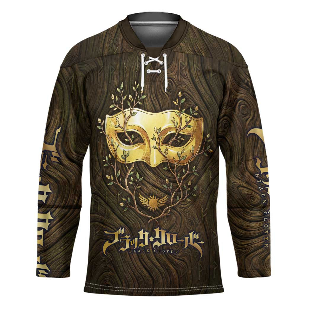 William Vangeance Black Clover Hockey Jersey Enchanted Woodgrain Style with Duality and Golden Mask Motif