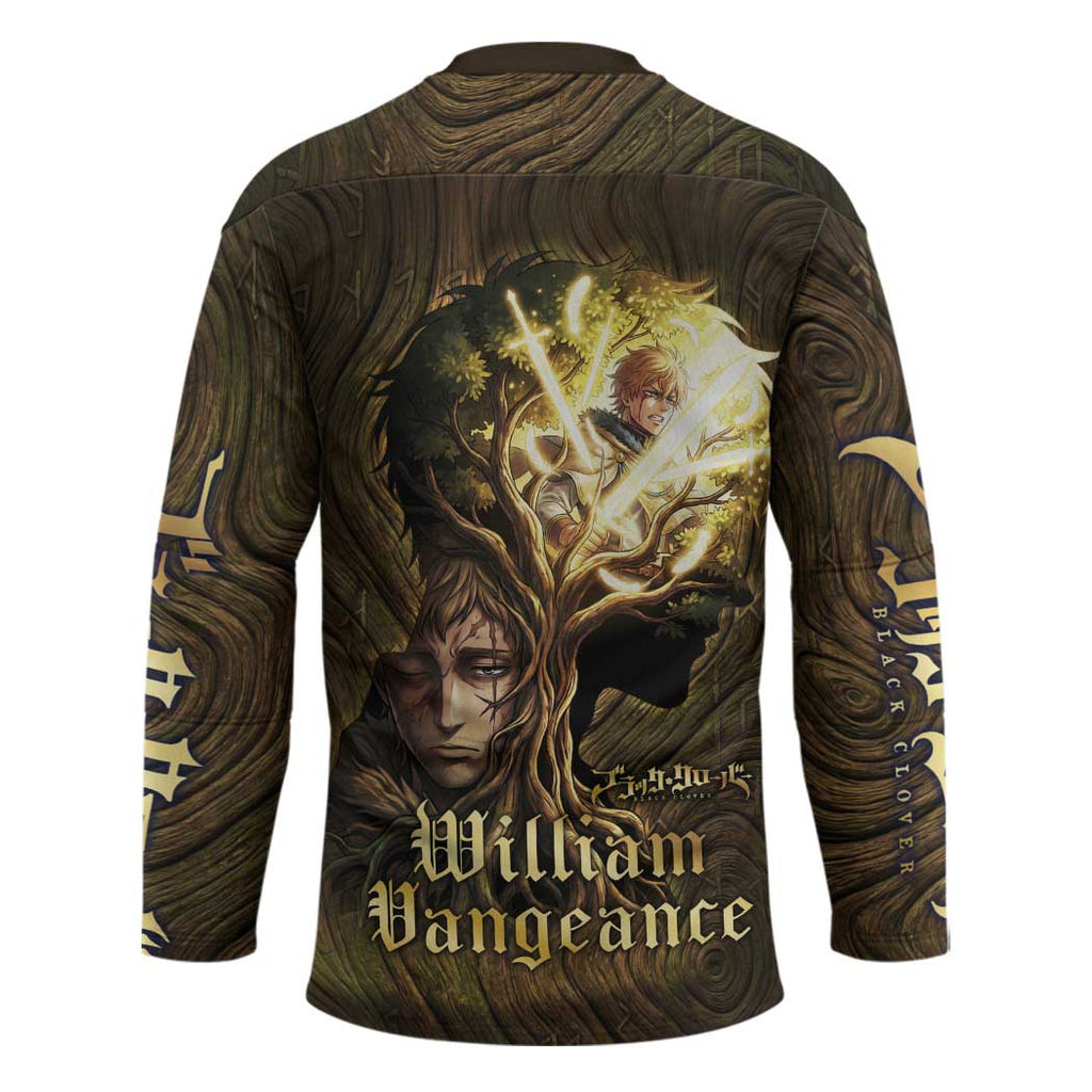 William Vangeance Black Clover Hockey Jersey Enchanted Woodgrain Style with Duality and Golden Mask Motif