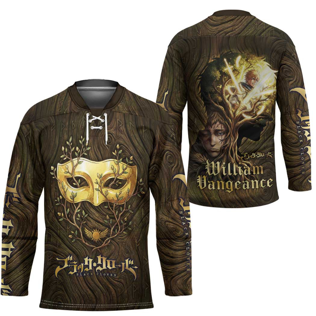 William Vangeance Black Clover Hockey Jersey Enchanted Woodgrain Style with Duality and Golden Mask Motif