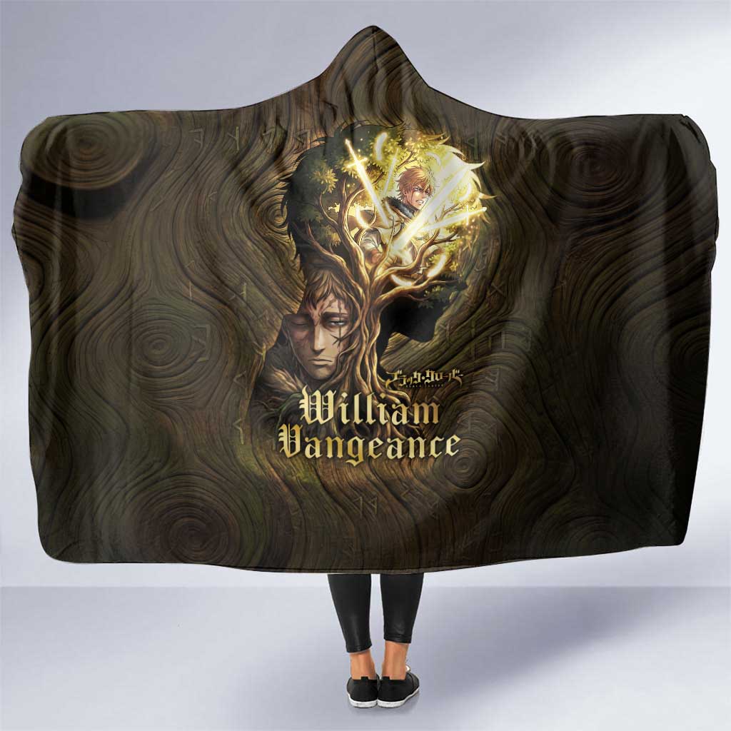 William Vangeance Black Clover Hooded Blanket Enchanted Woodgrain Style with Duality and Golden Mask Motif