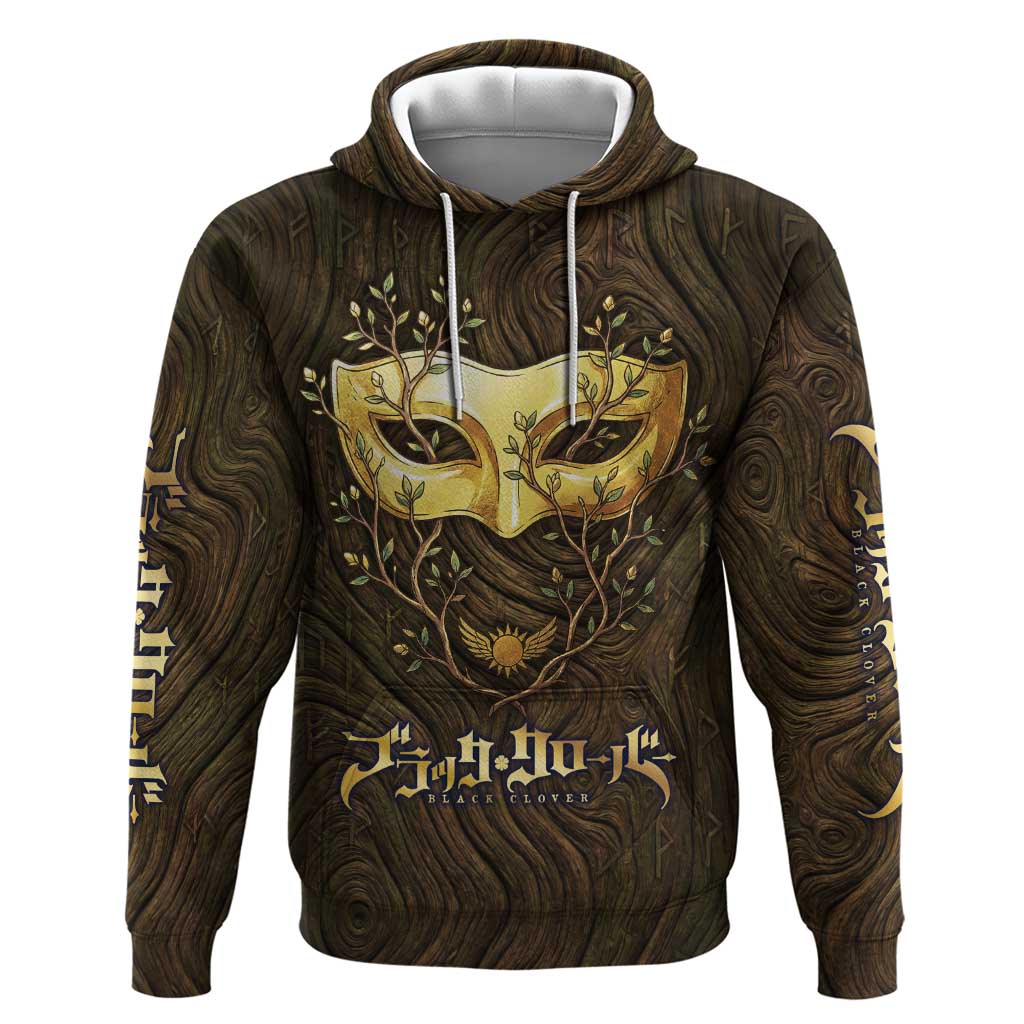 William Vangeance Black Clover Hoodie Enchanted Woodgrain Style with Duality and Golden Mask Motif