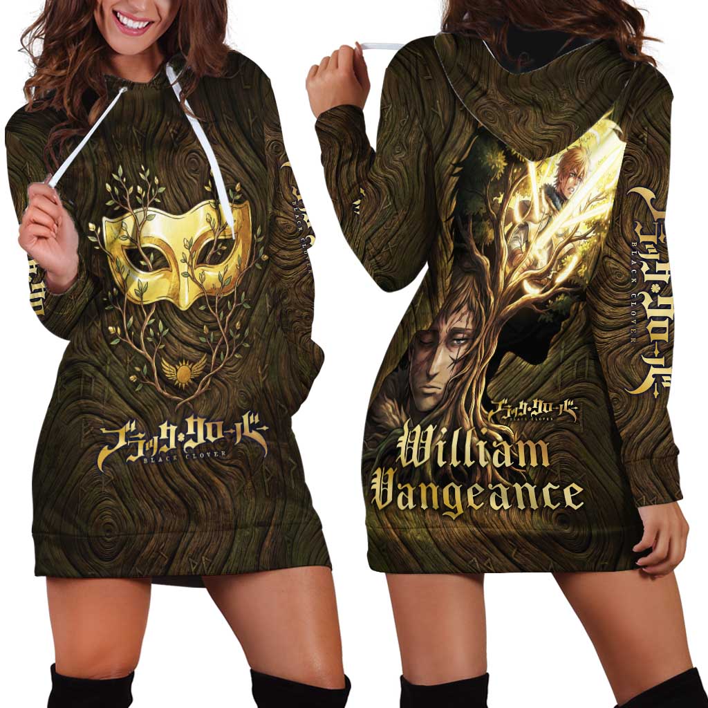 William Vangeance Black Clover Hoodie Dress Enchanted Woodgrain Style with Duality and Golden Mask Motif