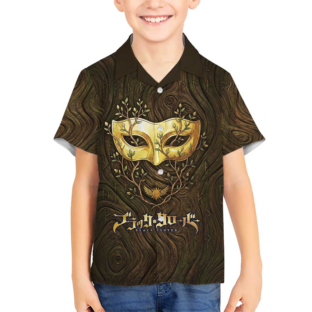 William Vangeance Black Clover Kid Hawaiian Shirt Enchanted Woodgrain Style with Duality and Golden Mask Motif