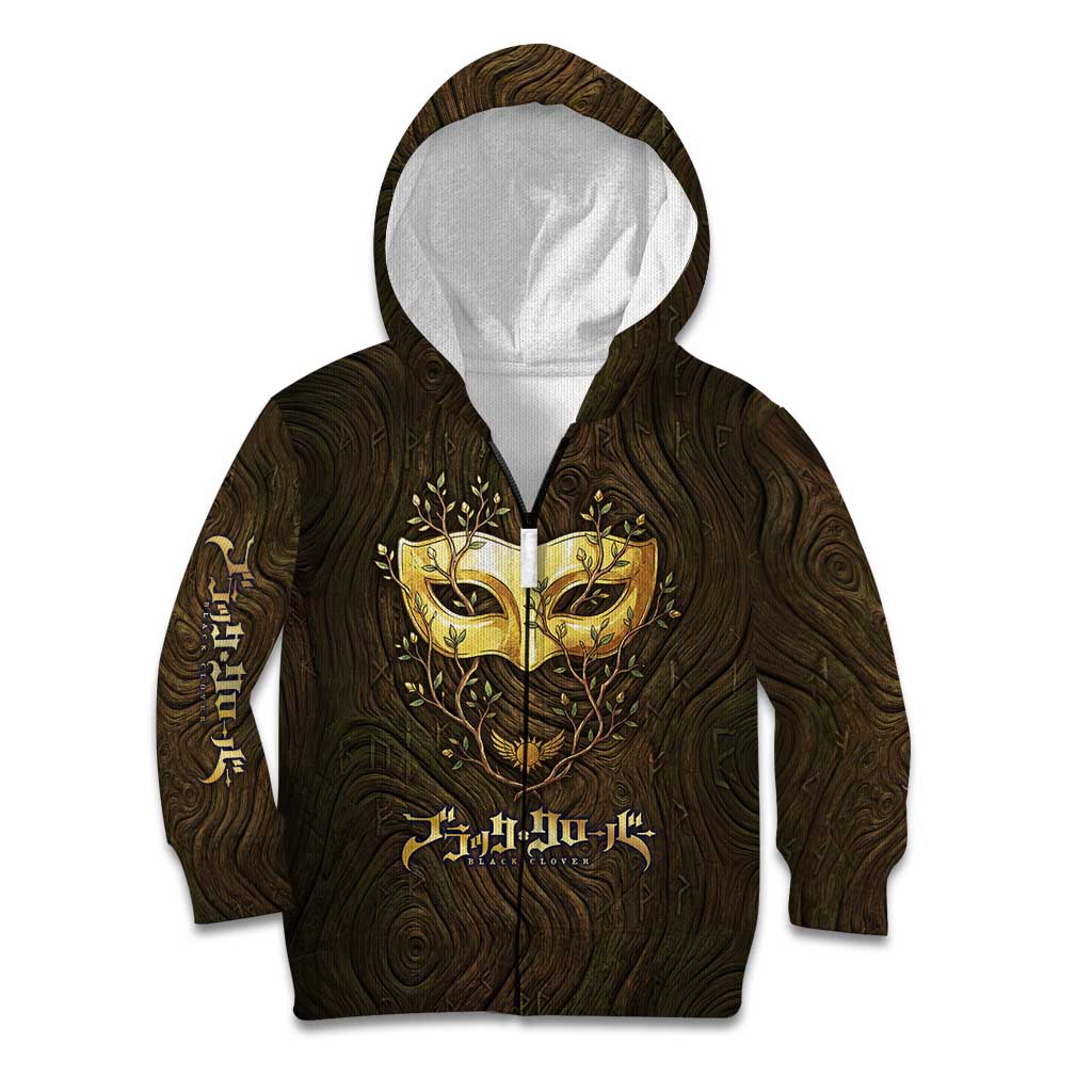 William Vangeance Black Clover Kid Hoodie Enchanted Woodgrain Style with Duality and Golden Mask Motif