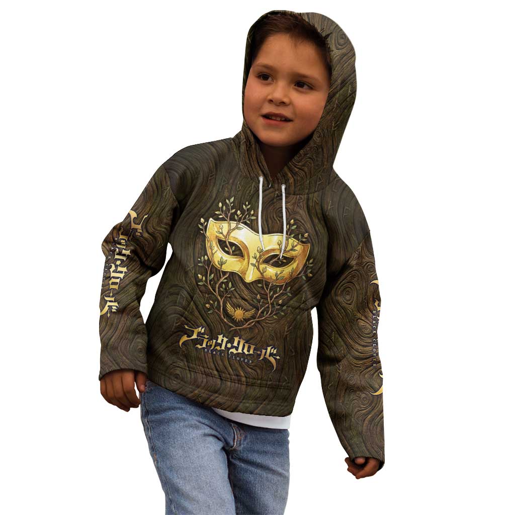 William Vangeance Black Clover Kid Hoodie Enchanted Woodgrain Style with Duality and Golden Mask Motif