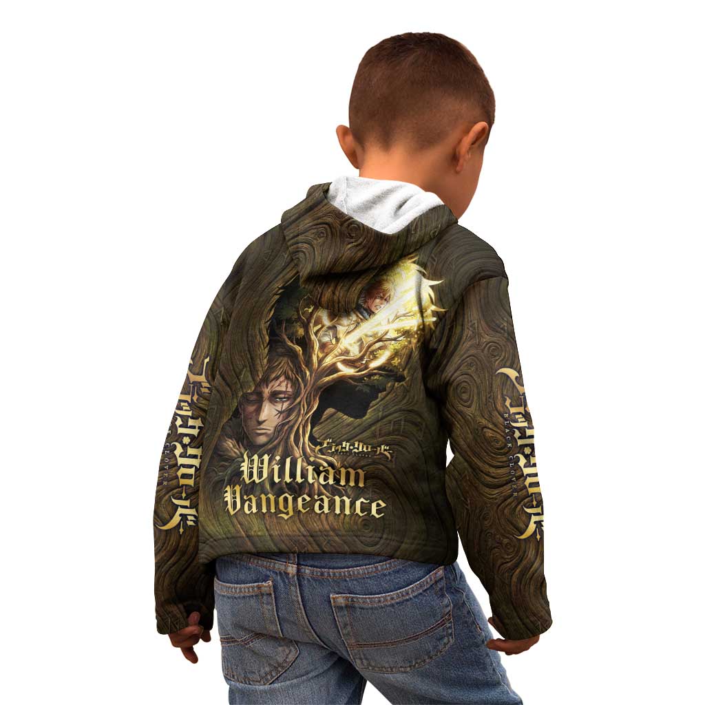 William Vangeance Black Clover Kid Hoodie Enchanted Woodgrain Style with Duality and Golden Mask Motif