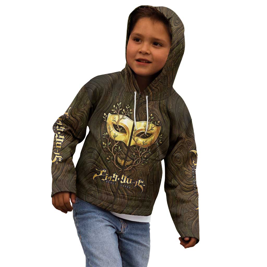 William Vangeance Black Clover Kid Hoodie Enchanted Woodgrain Style with Duality and Golden Mask Motif