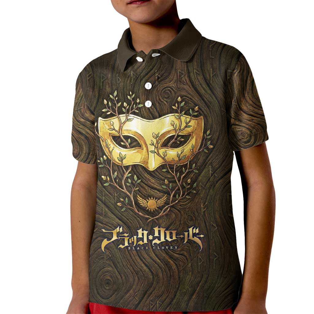 William Vangeance Black Clover Kid Polo Shirt Enchanted Woodgrain Style with Duality and Golden Mask Motif