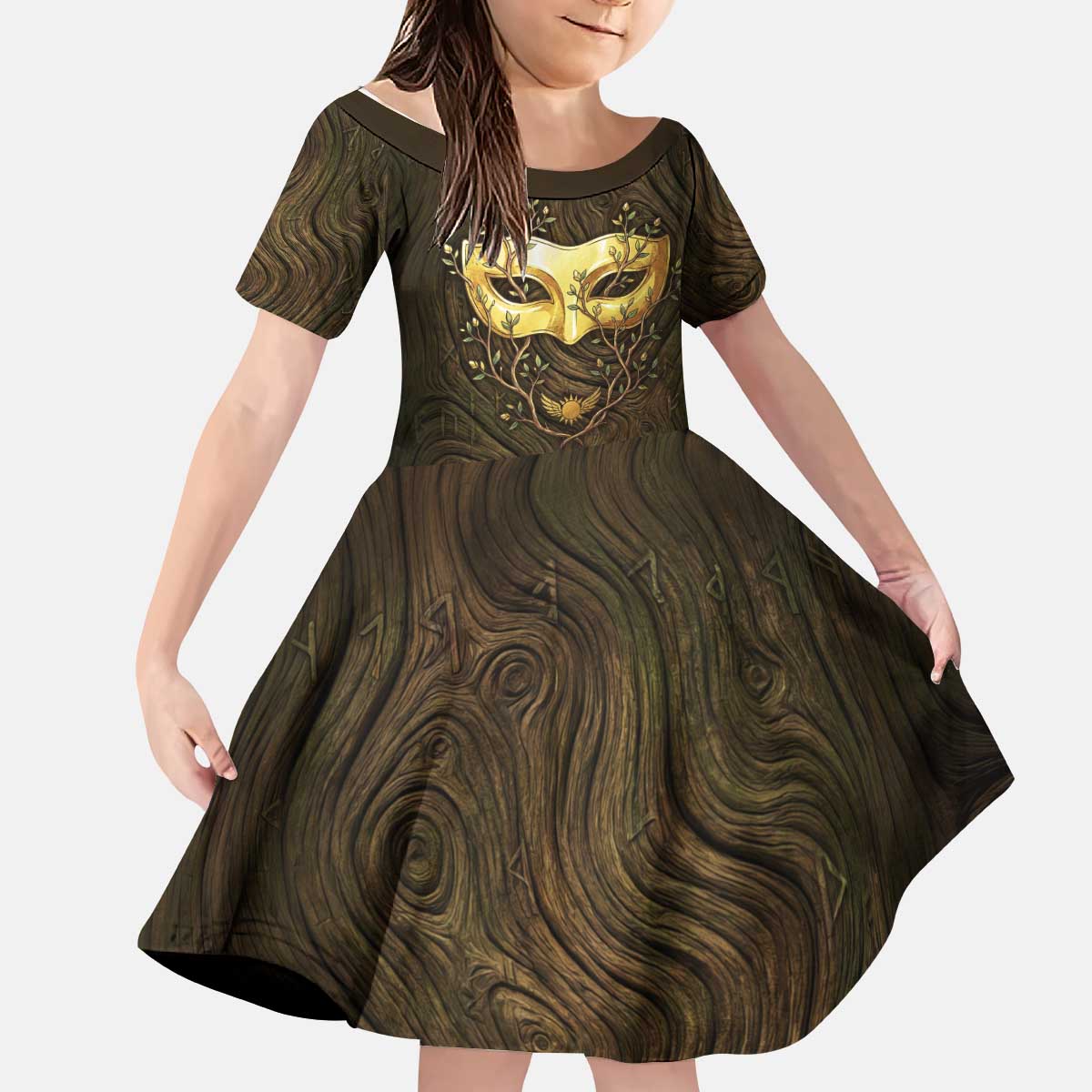 William Vangeance Black Clover Kid Short Sleeve Dress Enchanted Woodgrain Style with Duality and Golden Mask Motif