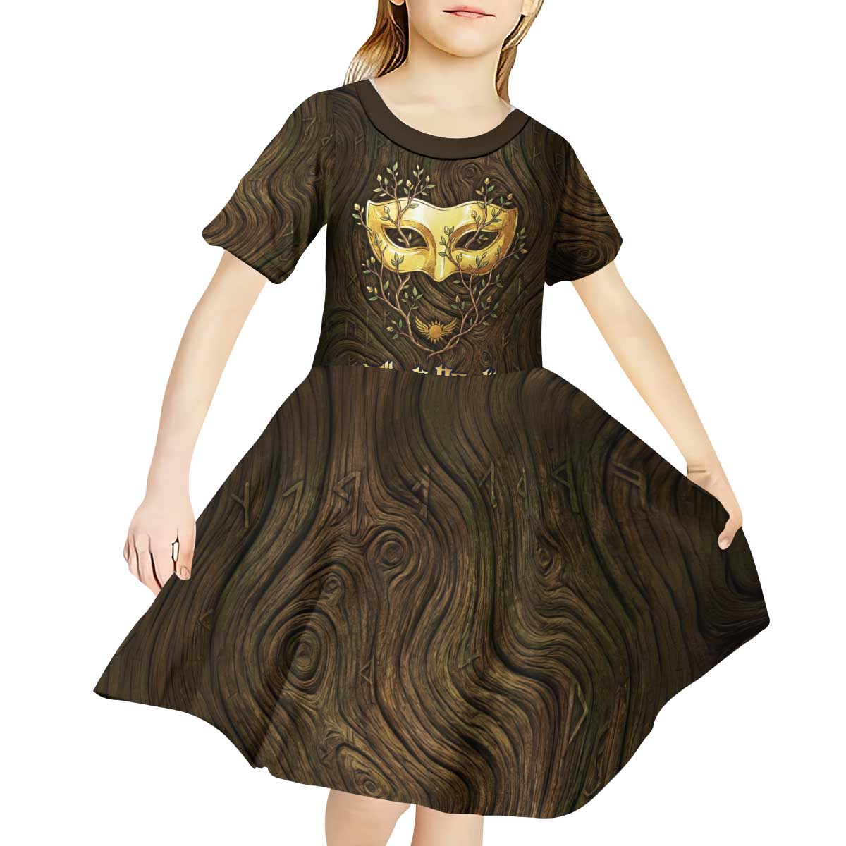 William Vangeance Black Clover Kid Short Sleeve Dress Enchanted Woodgrain Style with Duality and Golden Mask Motif
