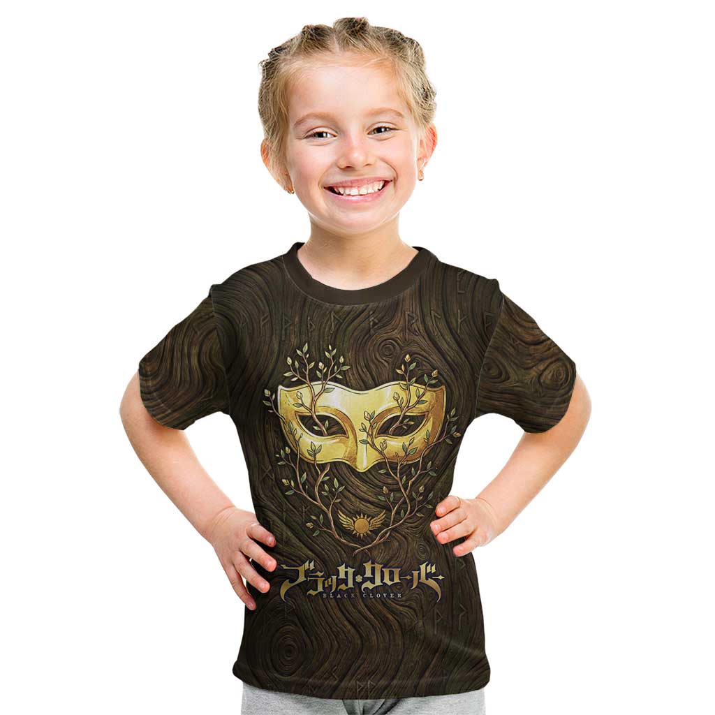 William Vangeance Black Clover Kid T Shirt Enchanted Woodgrain Style with Duality and Golden Mask Motif
