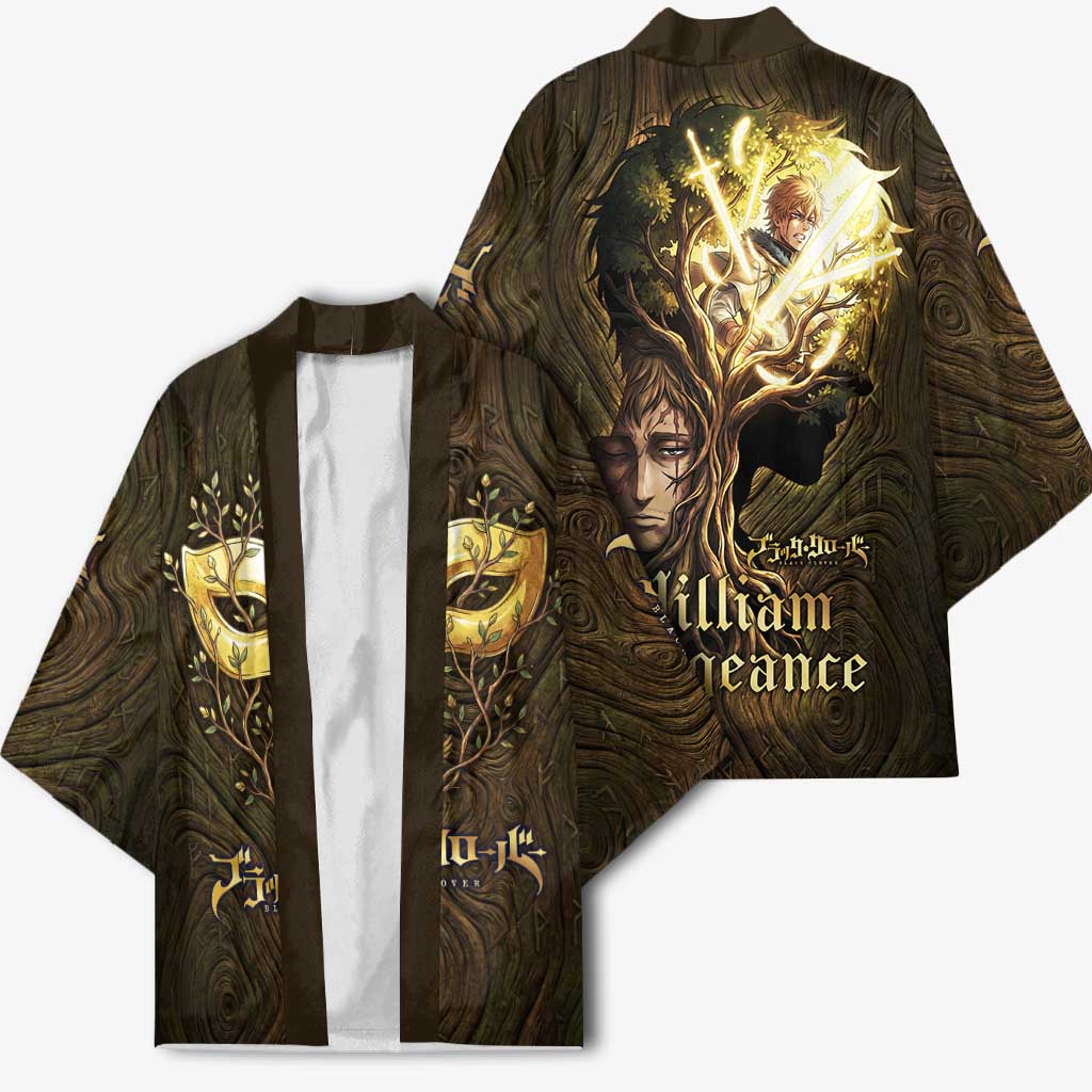 William Vangeance Black Clover Kimono Enchanted Woodgrain Style with Duality and Golden Mask Motif