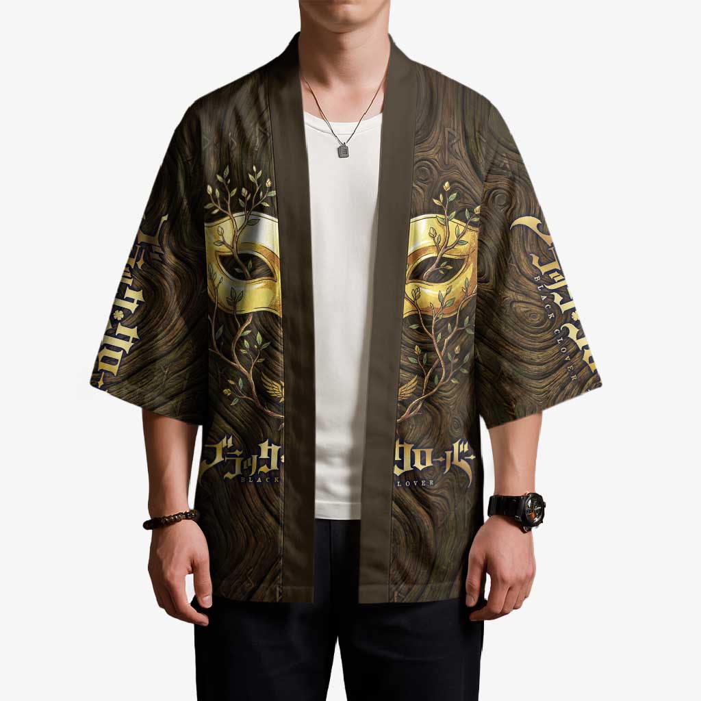 William Vangeance Black Clover Kimono Enchanted Woodgrain Style with Duality and Golden Mask Motif